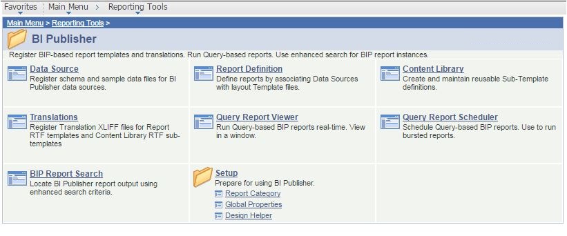 bi publisher menu - report tools